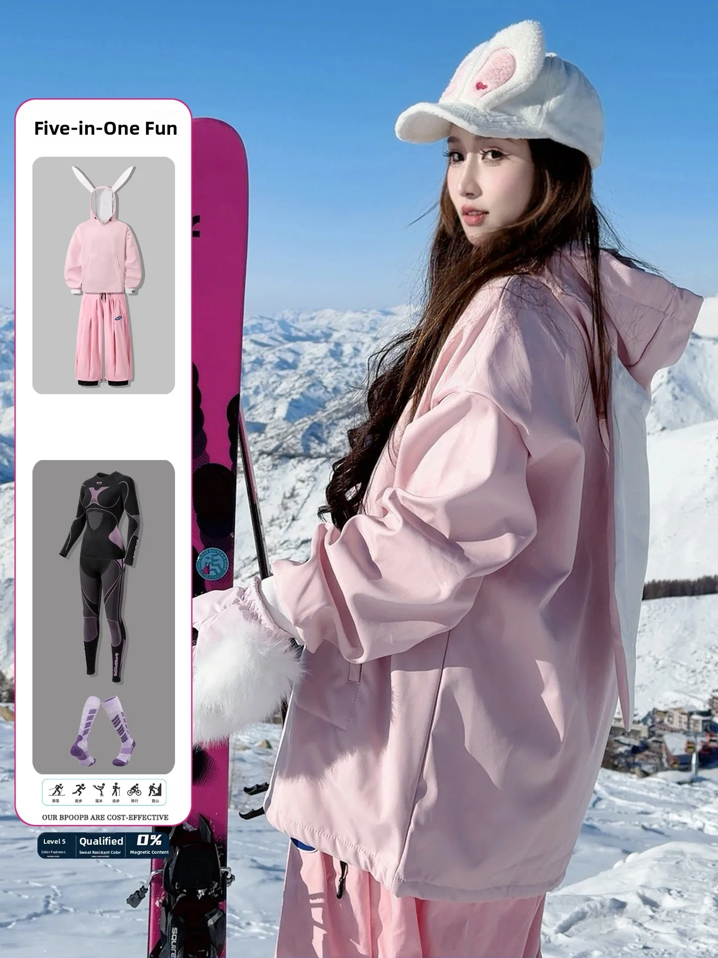 Pink Rabbit Ear Snowboard Suit Set Men's Waterproof Windproof Wear Resistant Single Board Snow Suit Full Skiing Equipment - view 3