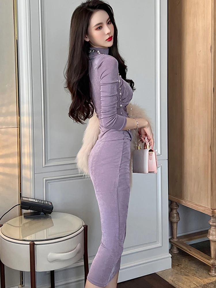 Mode Frauen Retro Falten Solide Grundlegende Midi Kleid Temperament Elegante Sexy Straße Kleidung Bodycon Dünne Innere-Spiel Weibliche kleid