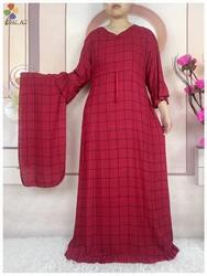 Hot Selling Kaftan Women Clothing Checkered Pattern Long Sleeved Cotton Dress Dubai African Women Dress Islamic Casual Clothing