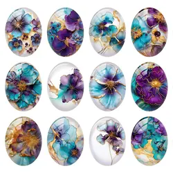 10pcs/lots Oval Ink Blue Flower Photo Glass Cabochon Charms Demo Flat Back Cameo For Diy Jewelry Making Findings Accessories