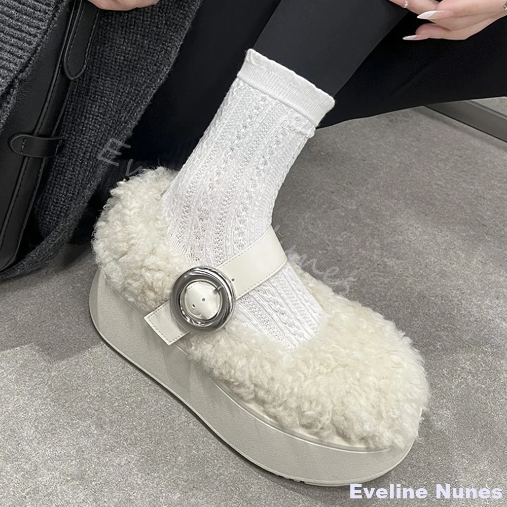 سميكة سوليد امبسوول الصوف الدافئة ماري جين أحذية النساء جولة تو جوفاء كلمة واحدة حزام فروي أحذية جديدة بيضاء عدم الانزلاق لطيف الأحذية