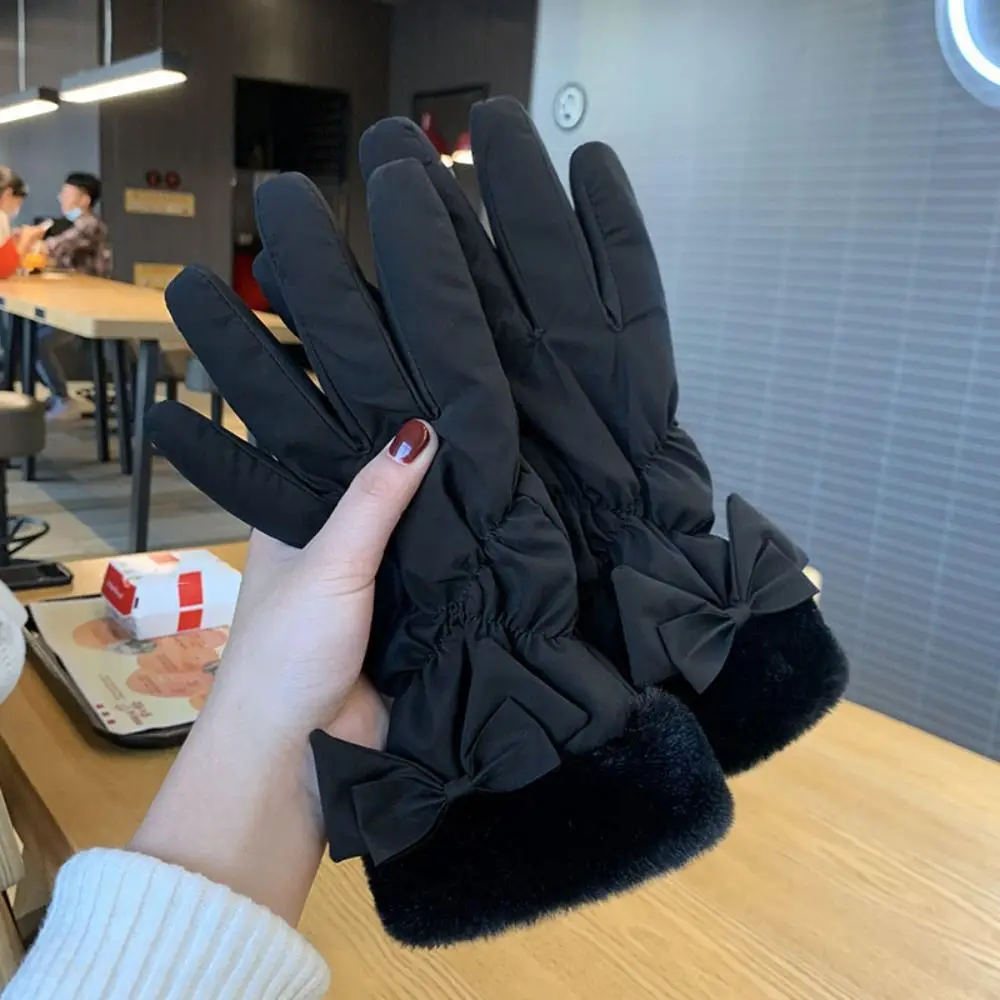 Guantes de mujer con lazo que mantienen el calor, resistentes al agua, estilo coreano, cálidos para invierno, pantalla táctil para teléfono móvil, manoplas de ciclismo con dedos completos