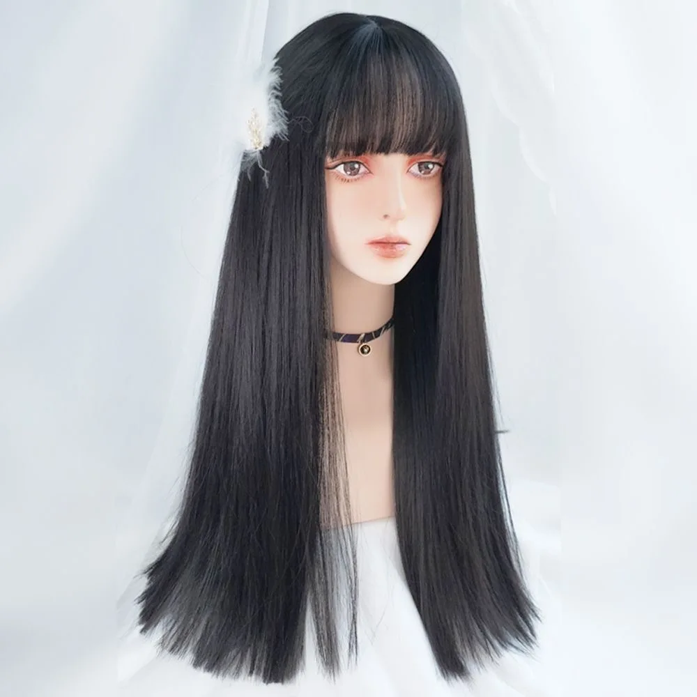 Wig Ladies Long Straight Black Hair Natural Air Fringe Wig Synthetic Fiber High Temperature Silk Mechanism Full Head Cover