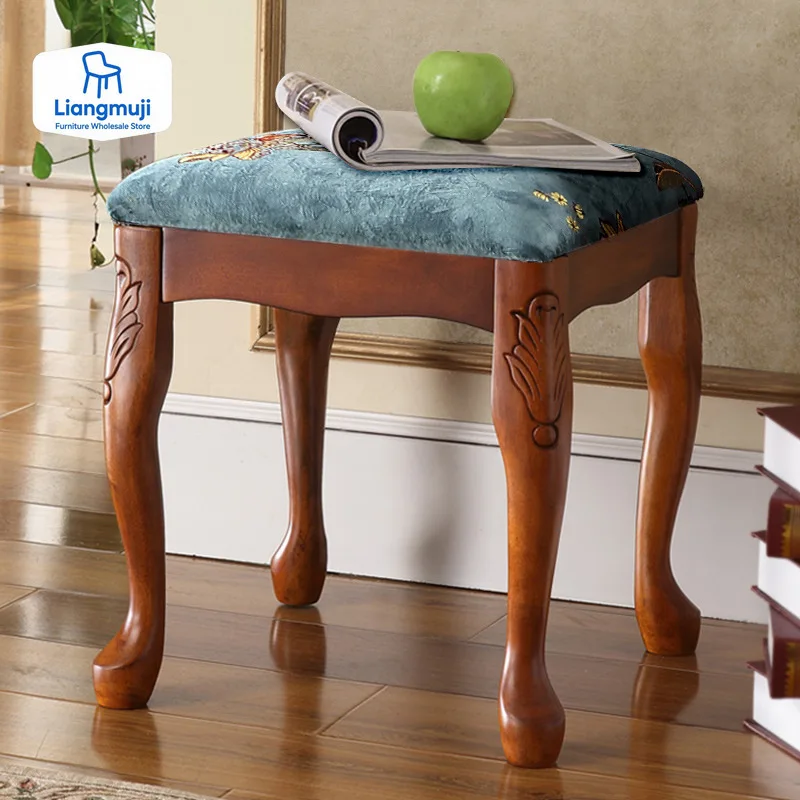 

Американский табурет из цельного дерева для спальни, маленький квадратный европейский стул для макияжа, туалетный столик для гостиной, стул, предметы интерьера для дома