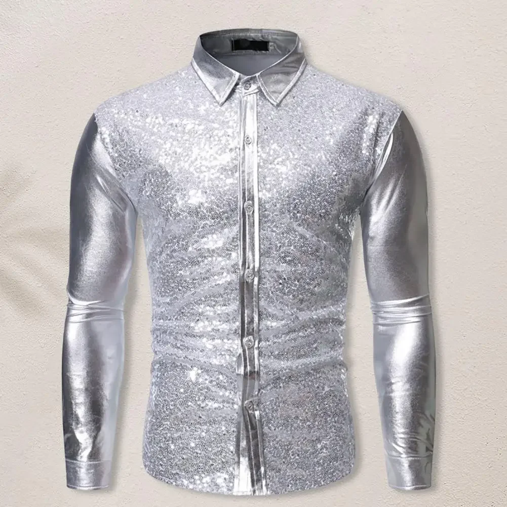 

Men's Shirt Metallic Sequins Glitter Shirt Men Long Sleeve Button Down Lapel Slim Shirt Disco Party Halloween Costume Chemise