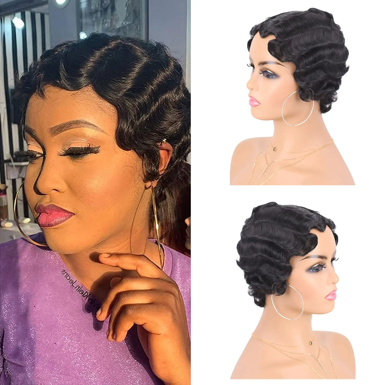 Short Finger Wavy Wig Full Machine Made Curly Black Cute Nuna Wig African Black Wigs for Women Mommy Wig Short Pixie Cut Wigs