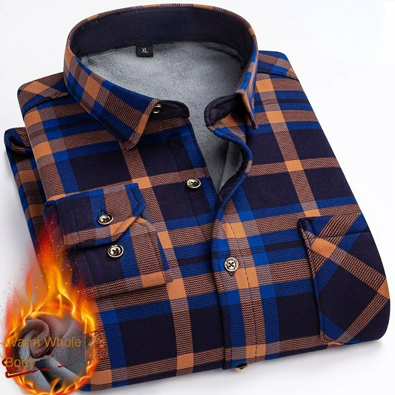 2022 Autumn/Winter New Men\'s Fashion Casual Plaid Long Sleeve Shirt Men\'s Fleece and Thick Warm High Quality Large Size Shirt