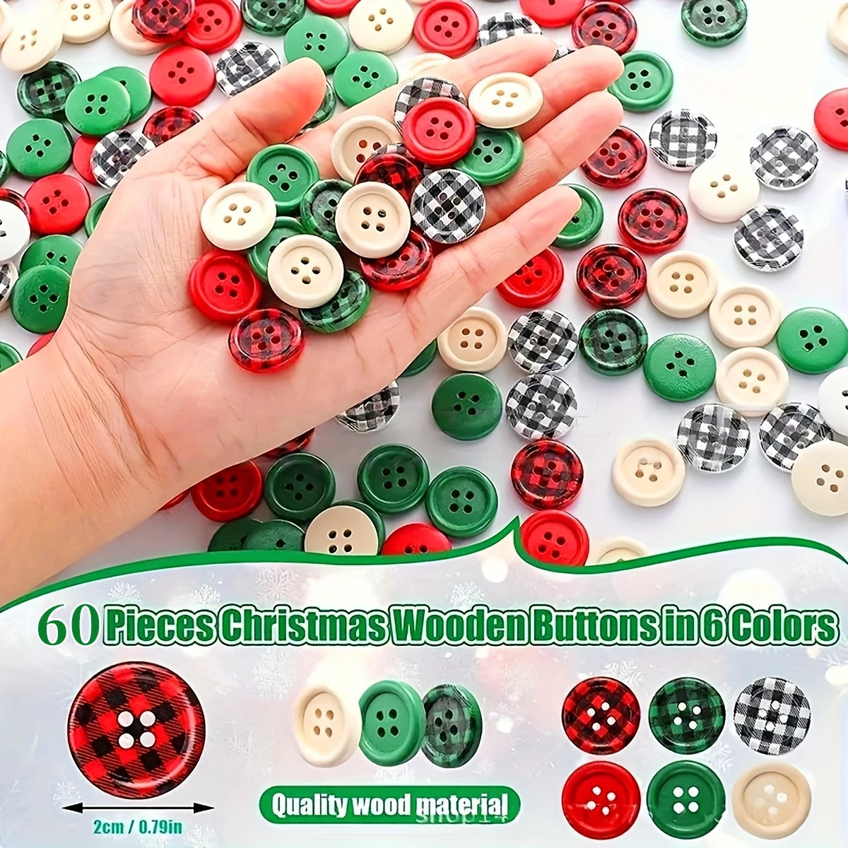 60 pieces, Christmas wooden buttons, 6 colors, 0.79 inches, plaid wooden buttons, 4 holes, black and red wooden buttons, plaid c