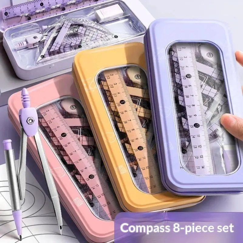 Geometry Student Ruler 8 Piece Complete Set Compass Triangle Ruler Protractor for School Supplies Back to School Gift