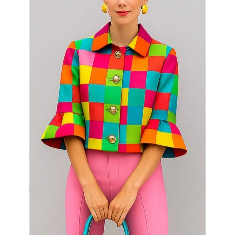 

Women's Colorful Plaid Turn-Down Collar Jacket 2026 Spring Fashion Ruffle Sleeve Crop Top Retro Funky Top Thin Vacation Coats