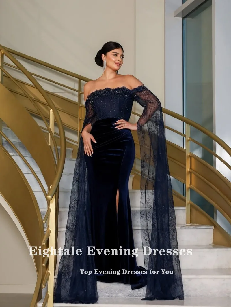 Eightale ベルベット イブニング ドレス 結婚式 パーティー用 カスタマイズされたストラップレス ビーズ ネイビー ブルー マーメイド 長袖 アラビア プロムドレス
