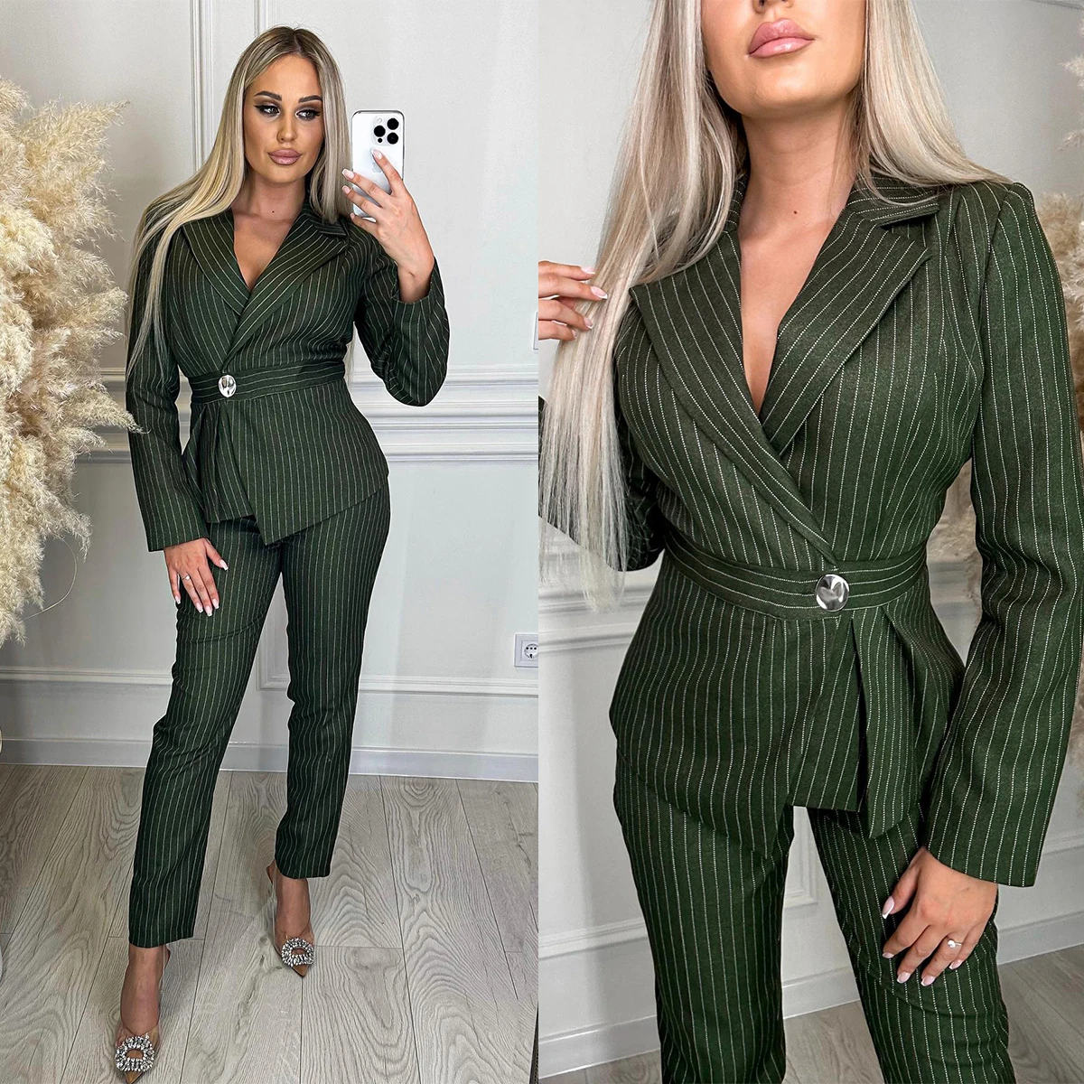 Chic Women Pants Suits Dark Green Striped Long Sleeve Office Female Streetwear Sportswear Two Pieces Sets