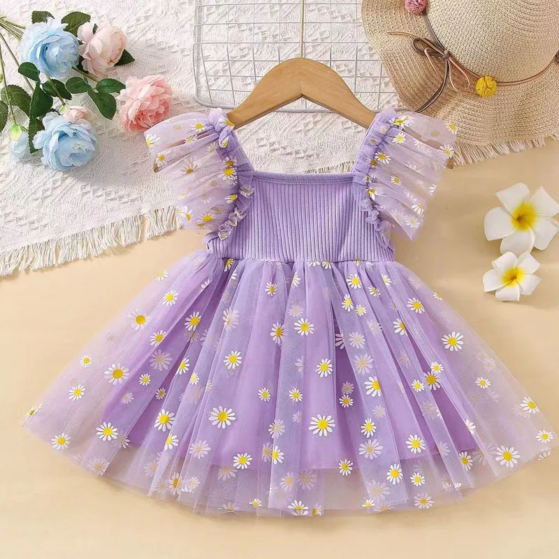 MERI AMMI For 1-10 year Daisy Flower Girls Birthday Dress Kid Children Clothing Petal Sleeves Party Christmas Knee Length Mesh