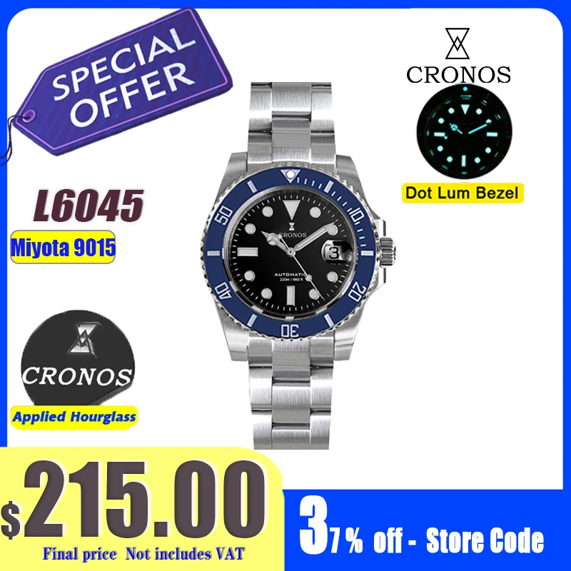 

Cronos Новые 40 мм дайверские мужские часы Роскошные Miyota9015 Автоматические механические часы с сапфировым стеклом Водонепроницаемые 200 м Glideclasp L6045