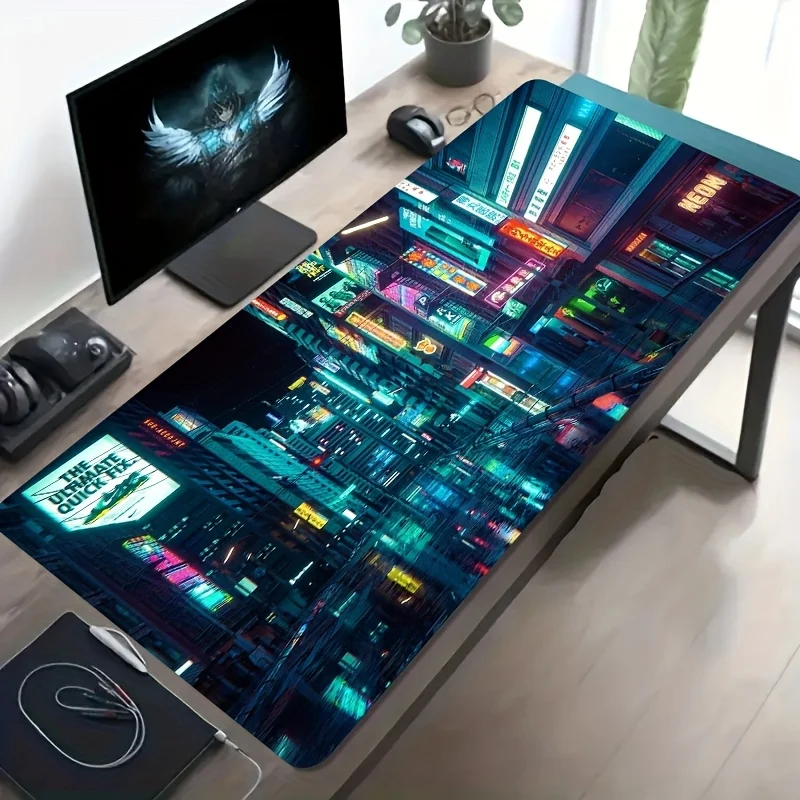 Vibeer XL Gaming Desk Mat Neon City Night Print Non Slip Washable Rubber Base Iron Decor Computer Office Desktop Pad