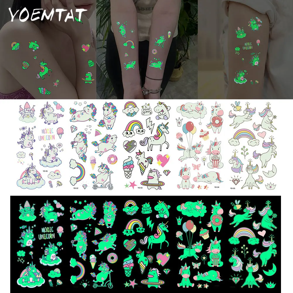 5pcs Green Luminous Glow Waterproof Temporary Tattoo Stickers Cute Cartoon Unicorn For Kids Arm Face Body Art Fake Tattoos