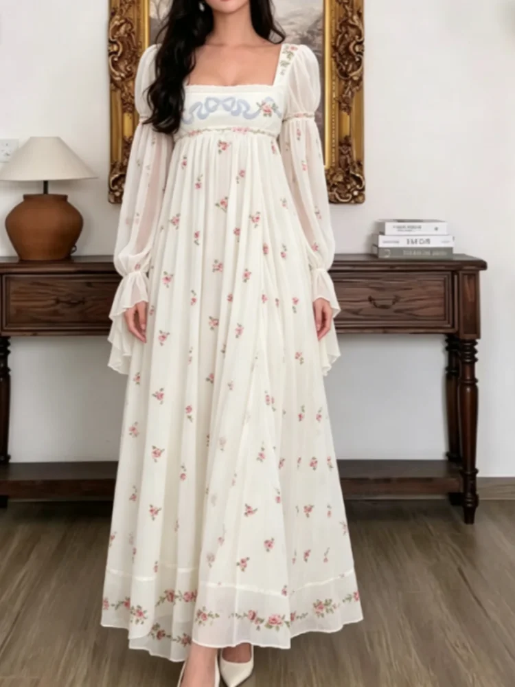 Women White Floral Print Maxi Dress Chic Square Neck Puff Sleeves Chiffon Boho Ruffled Cuffs Skirt Elegant Daily Choliday Wear