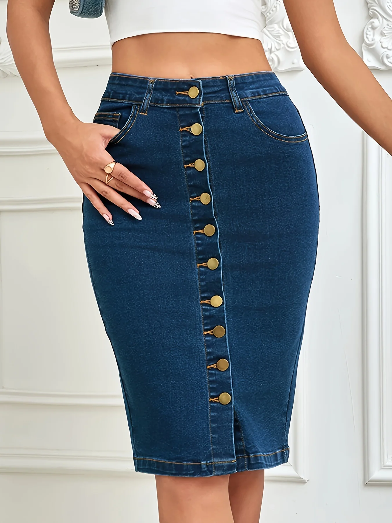 

European and American Women's One-Piece Front Zipper Multi-Button Hip-Hugging Pencil Skirt Elastic Denim Midi Lady Dress C364