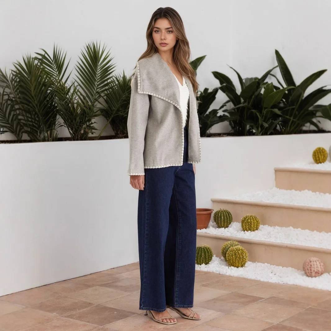 معاطف صوفية نسائية بياقة مقلوبة وسترات بزر واحد سميكة صلبة وفضفاضة وأكمام طويلة معطف كاجوال أنيق للمكتب للسيدات