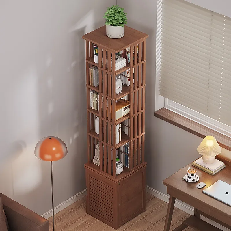 Modern Solid Wood Rotating Bookcase Floor Standing Storage Cabinet Simple Home Library Shelf Unit Furniture