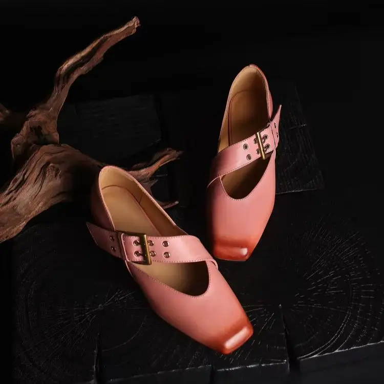 Women Washed Genuine Leather Mary Jane Flats Square Toe Metal Buckle Strap 3CM Sheepskin Lining TPR Sole Vintage Chic Shoes F495