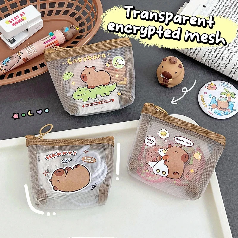 Cute Capybara Coin Storage Bag Transparent Mesh Coin Purses Cartoon Lovely Wallet Portable Waterproof Zipper Bags Gifts