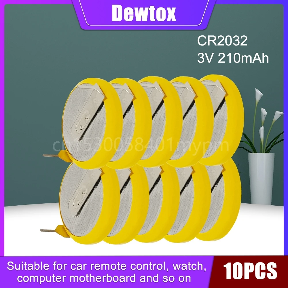 10 Buah Dewtox CR2032 3V Baterai Lithium Sejalan Baterai Pin Solder Horisontal untuk Baterai Mainan Remote Control Elektronik