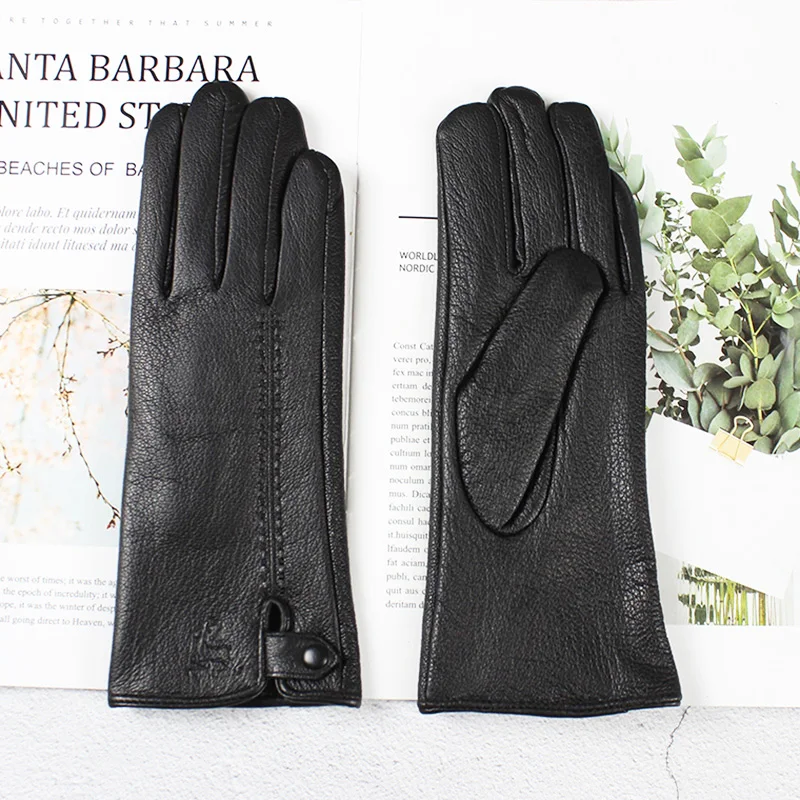 Guantes de cuero de grano de piel de ciervo para mujer, moda de estilo Simple, forro de terciopelo, otoño e invierno, guante cálido para montar en