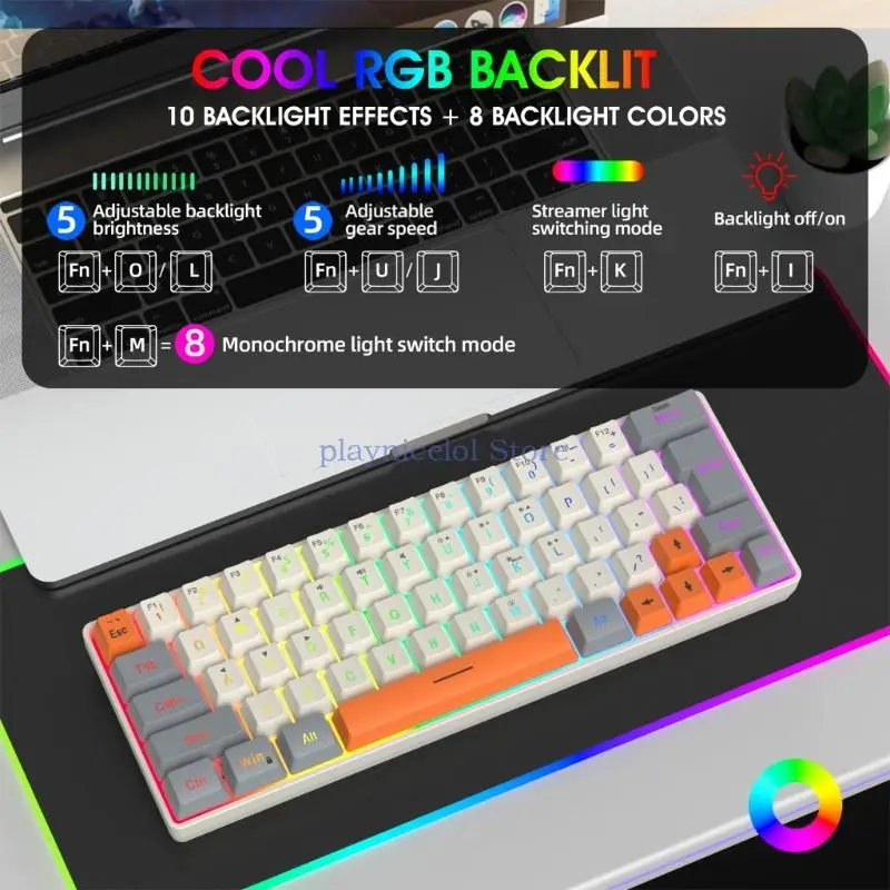 لوحة مفاتيح ميكانيكية للألعاب مع لوحة مفاتيح بإضاءة خلفية LED 63 مفتاحًا لوحة مفاتيح كمبيوتر سلكية لأجهزة الكمبيوتر المحمول E8BA