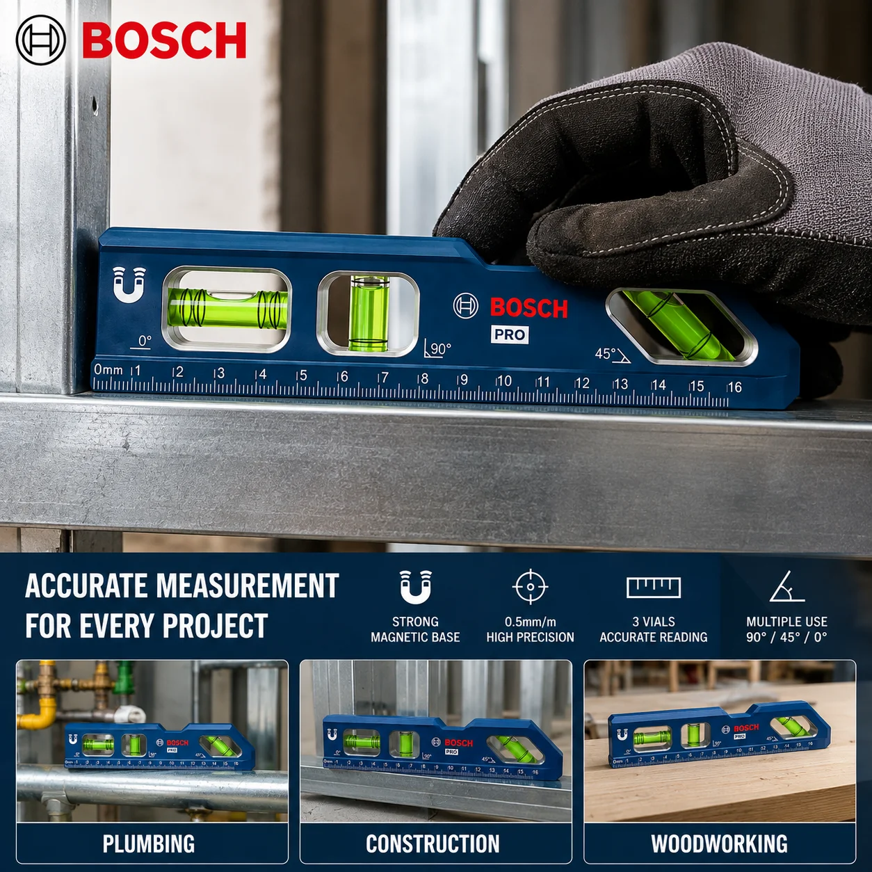 BOSCH 7 Inch Magnetic Torpedo Level 3 Vial Spirit Level Aluminum 0.5mm/m Precision Measuring Tool for Construction DIY