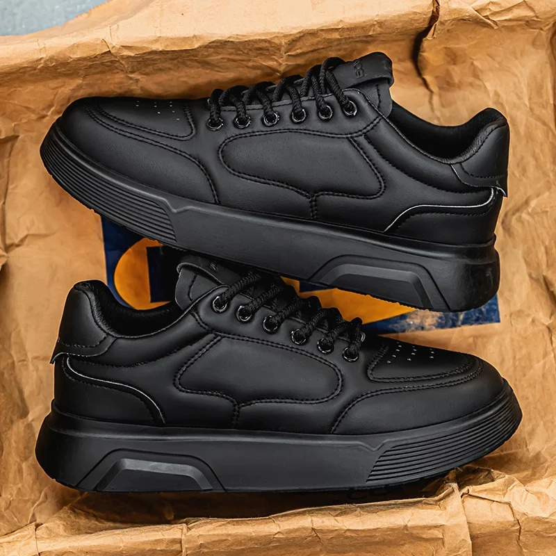 

Men's Soft Bottom Sports Shoes Pure Black Leather Surface Casual Board Shoes Spring Summer Fashionable All-Match Trendy Shoes
