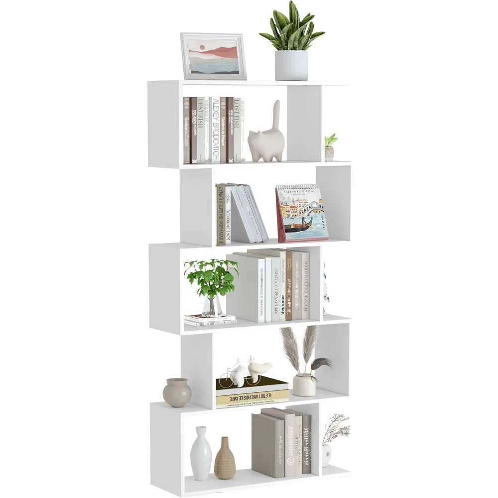 Bookshelf 5-Tier, Geometric Bookcase S Shaped Book Shelves for Bedroom, Modern Wood Decorative Display Shelf Book Case for Home