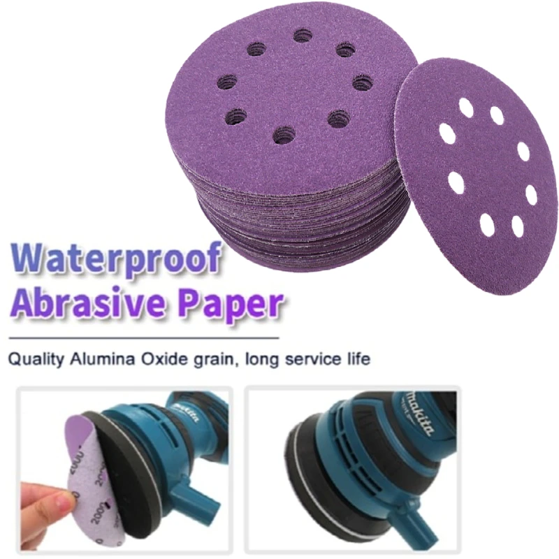 25pcs 5 Inch125mm 8 Holes Sanding Discs Purple Film Orbital Sander Hook and Loop Wet Dry Sandpaper Assorted with Interface Pad