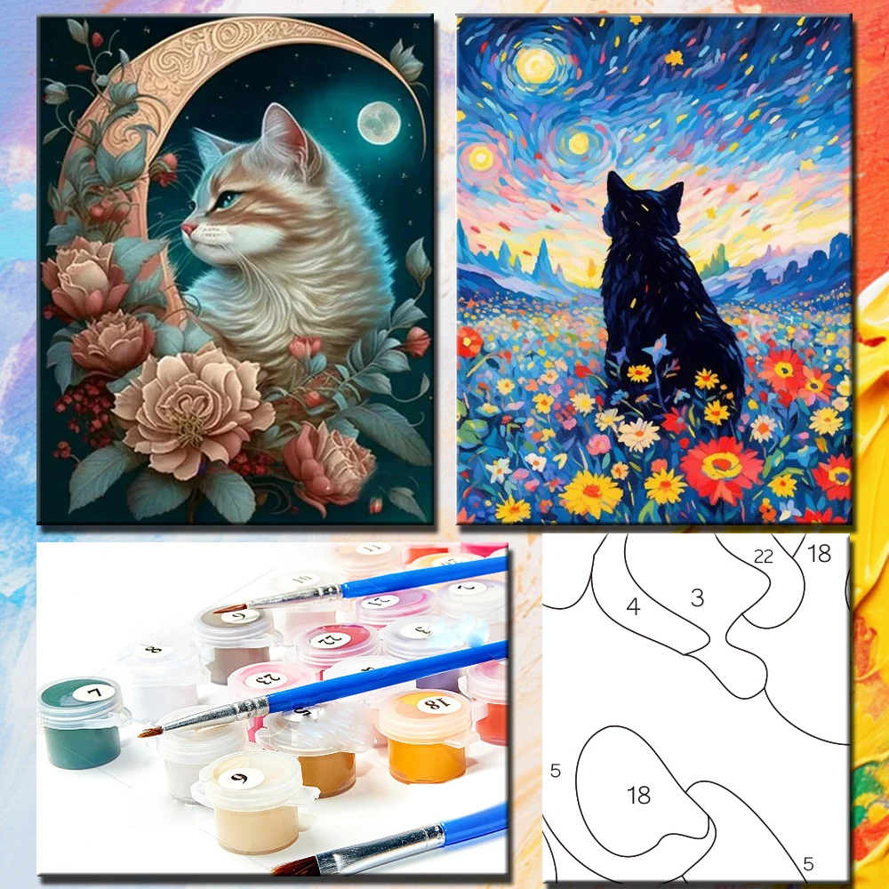 PhotoCustom Cat Oil Painting By Number Set On Canvas Frame Acrylic Paint Animal For Adult Picture Drawing Coloring By Numbers Ki