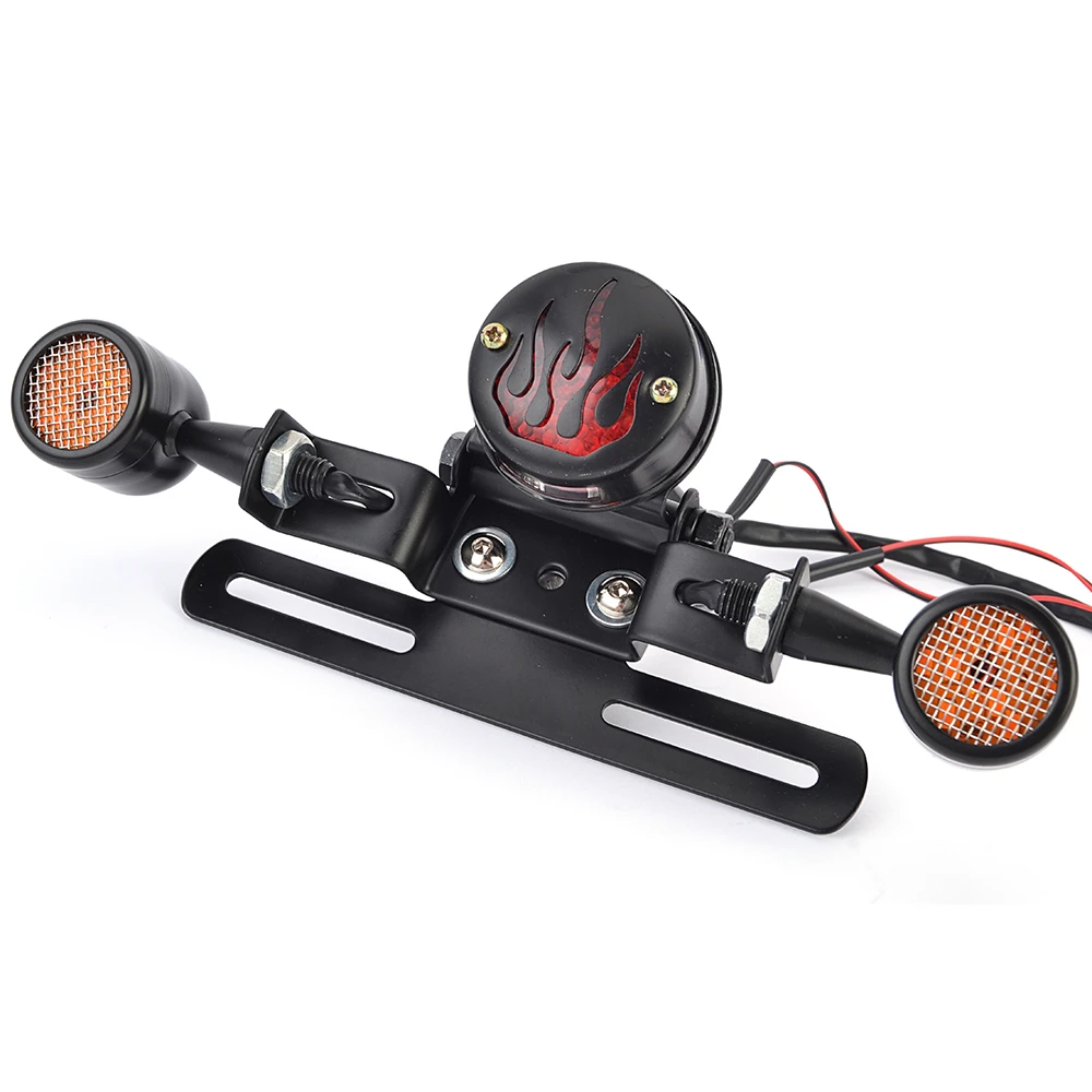 Motorcycle Retro Flame Rear LED Tail Light License Plate Bracket Driving Brake Turn Signal Light Integrated Taillight Universal
