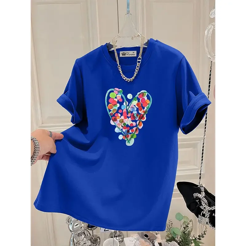 

Summer Chic Love Printed Pure Cotton T-shirt Women Drop Sleeve Loose Casual Tops O-neck Pullovers