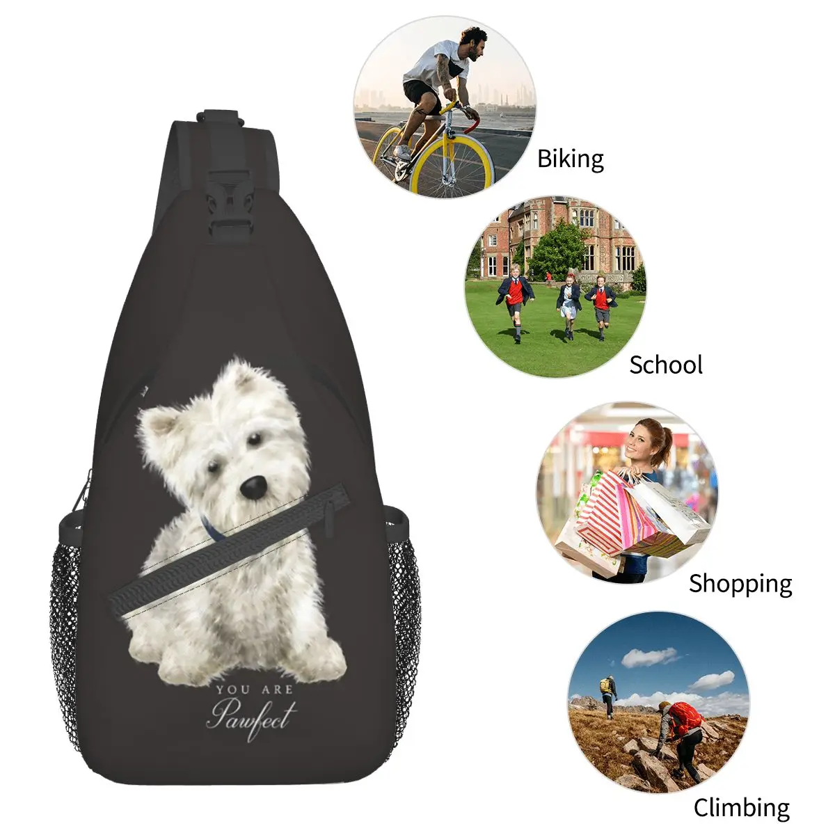 Westie West Highland Terrier pies torba typu Crossbody Sling Bag casualowa torba noszona na klatce piersiowej uroczy szczeniak plecak na ramię plecak wędrówki sportowe