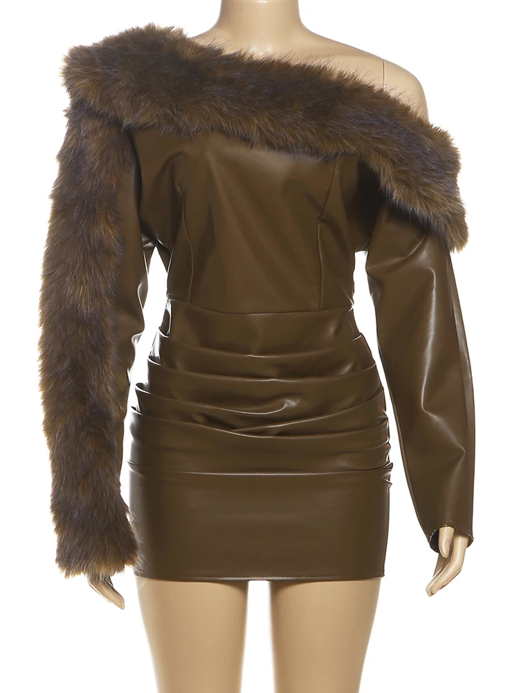 Sisterlinda peludo plutônio retalhos vestido feminino sexy zip em camadas ruched gola diagonal irregular manga cheia inverno tendência streetwear