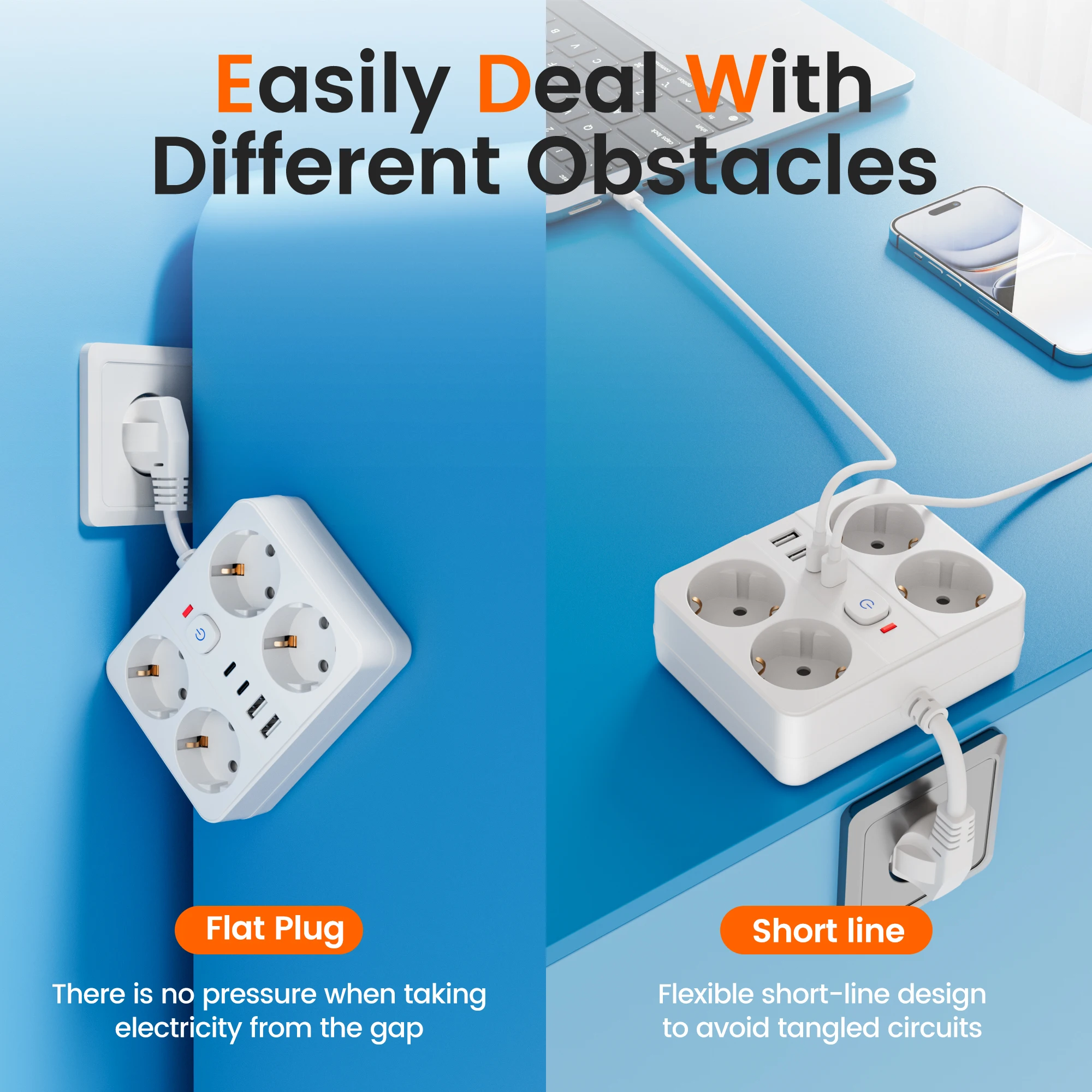 واقي عرام قطاع الطاقة 8 في 1: 4 منافذ تيار متردد ومنافذ USB و2 USB-C لشريط الطاقة الأساسية للمكتب المنزلي مع منافذ USB،