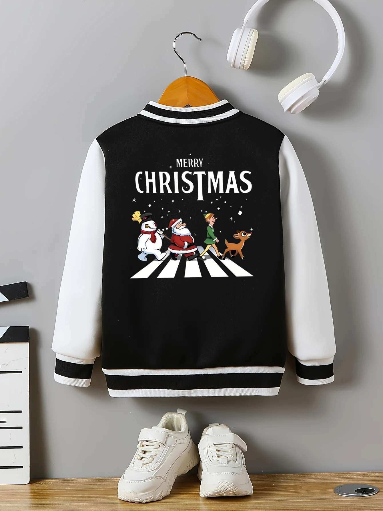 

Boys Christmas Baseball Jacket, Santa and Christmas Tree Back Print, Long Sleeve Party Coat with Pockets, back print