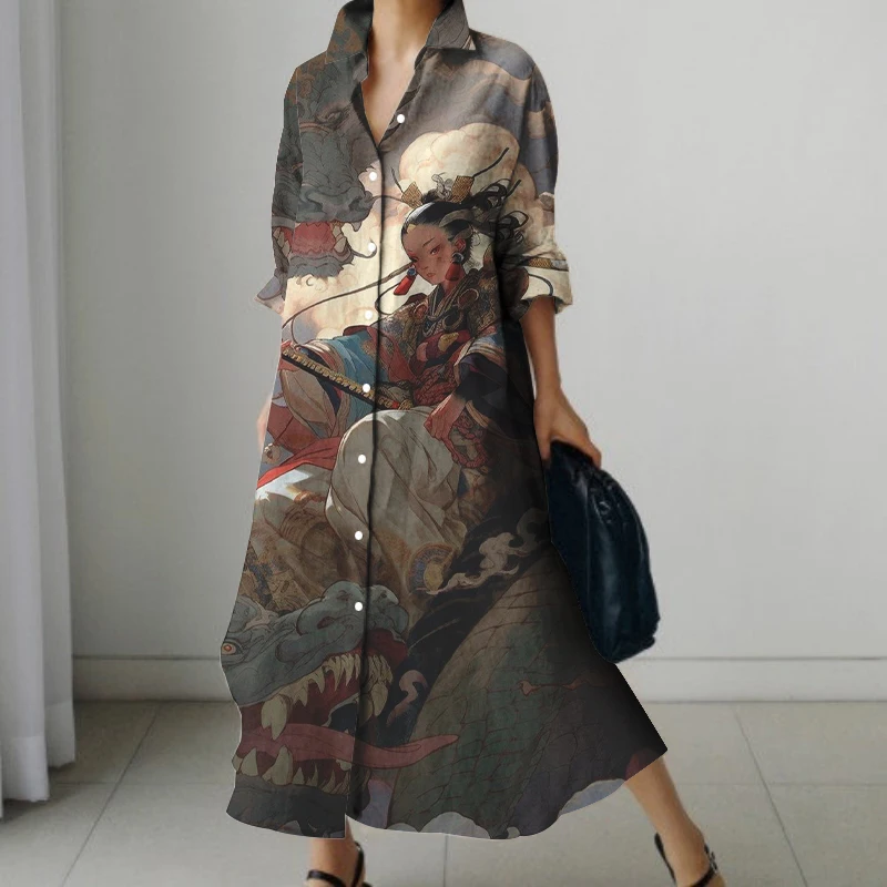 Japanese Portrait Print Autumn Fashion Long-sleeved Shirt Dress Casual Vacation Knee-length Skirt Party Dinner Party Long Skirt