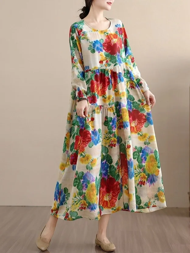 فستان فضفاض بأكمام طويلة من الكتان والقطن بطباعة فنية، تصميم على شكل حرف A، أسلوب عملي للربيع والخريف، فستان كاجوال