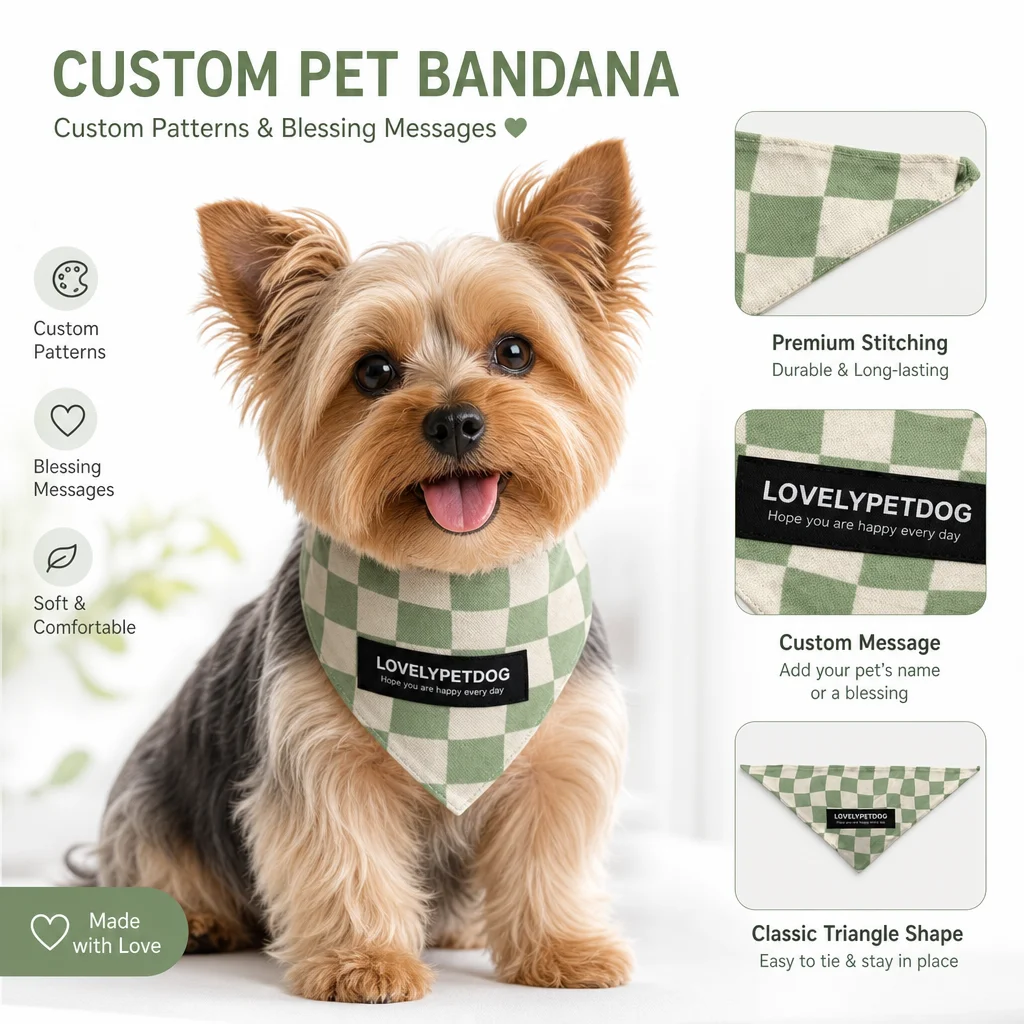Custom Pet Bandana Personalized Dog Scarf with Custom Pattern Name Blessing Message Plaid Triangle Puppy Neckerchief