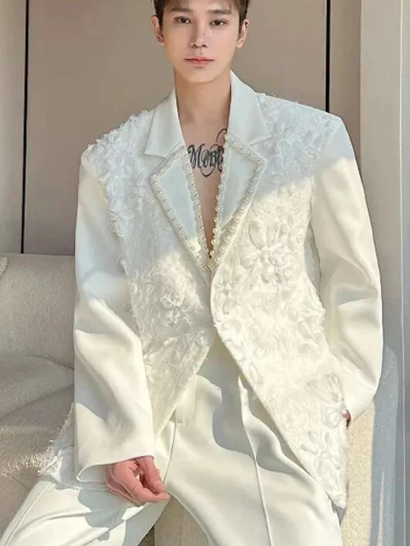 

Three-dimensional Jacquard Men's Blazers Handmade Pearl Collar Single Button Solid Color Casual Male Suit Jackets New 99YQH