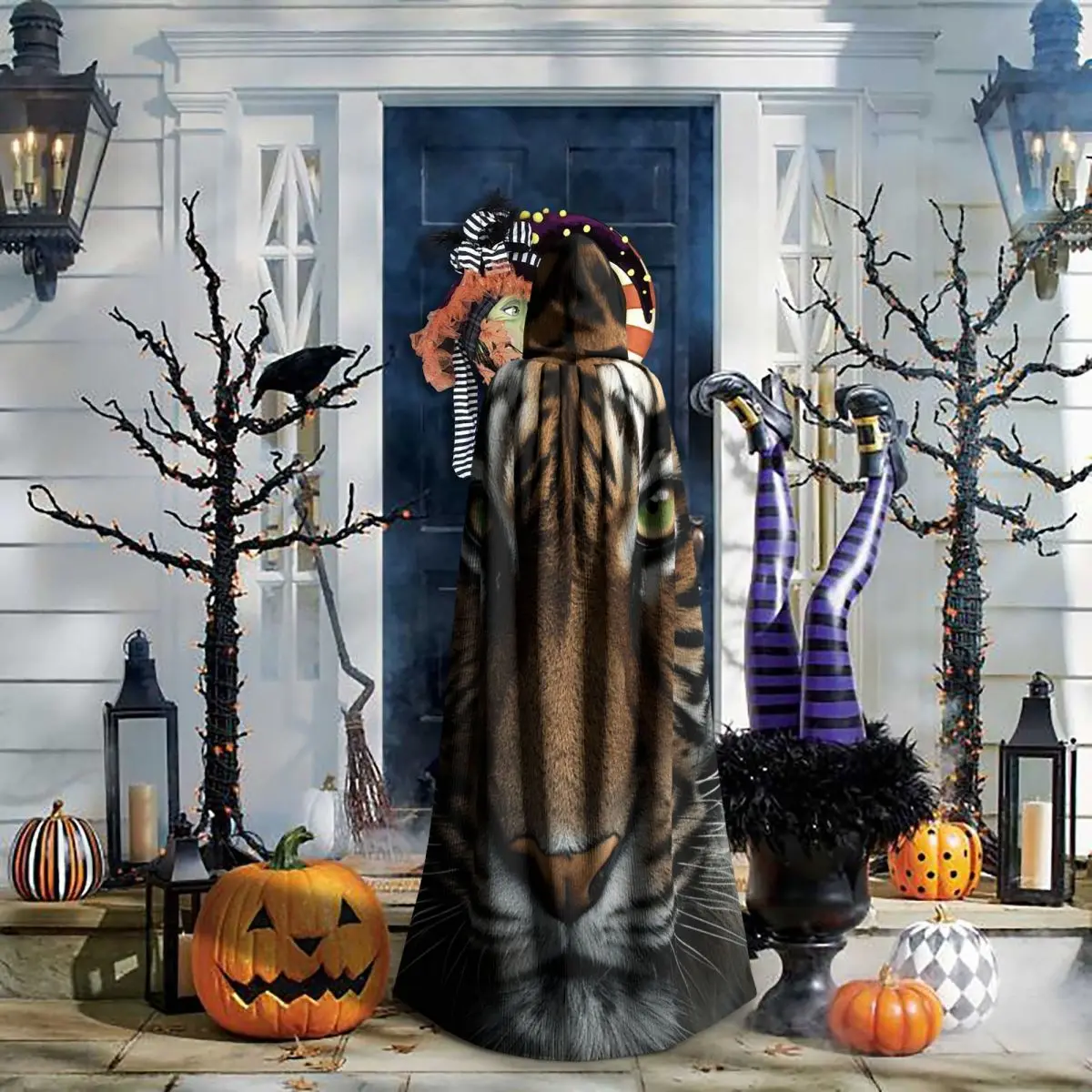 Эскиз из меха тигра, цветное изображение, длинный плащ с капюшоном, средневековый костюм ведьмы, накидка для косплея, пальто на Хэллоуин для взрослых, унисекс