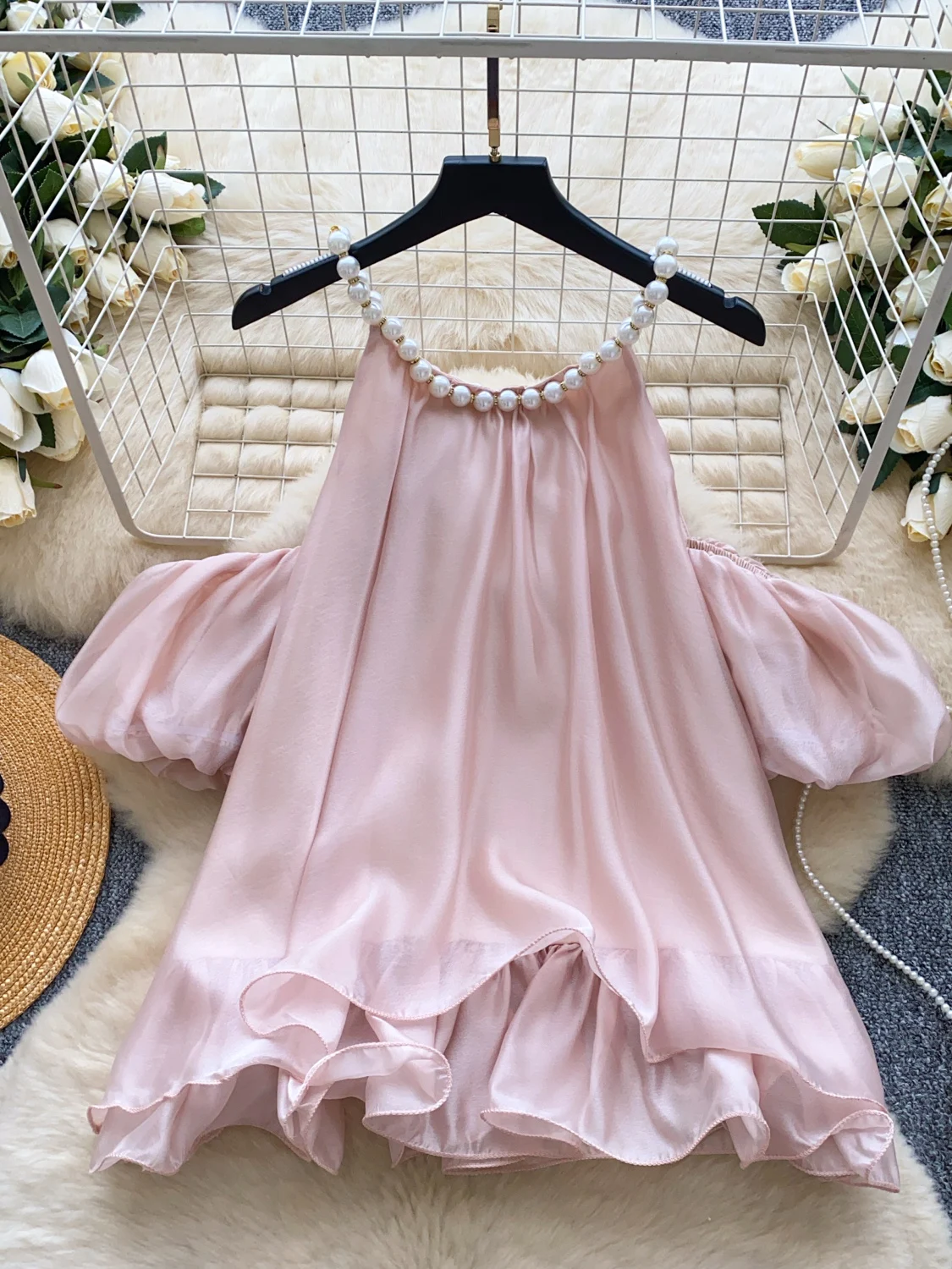 

Ele Pearl Nelace Bubble Sve irt Women's Design Sensation Heavy Work Net irt Hanging Ne Gown Korean Sle Loose...