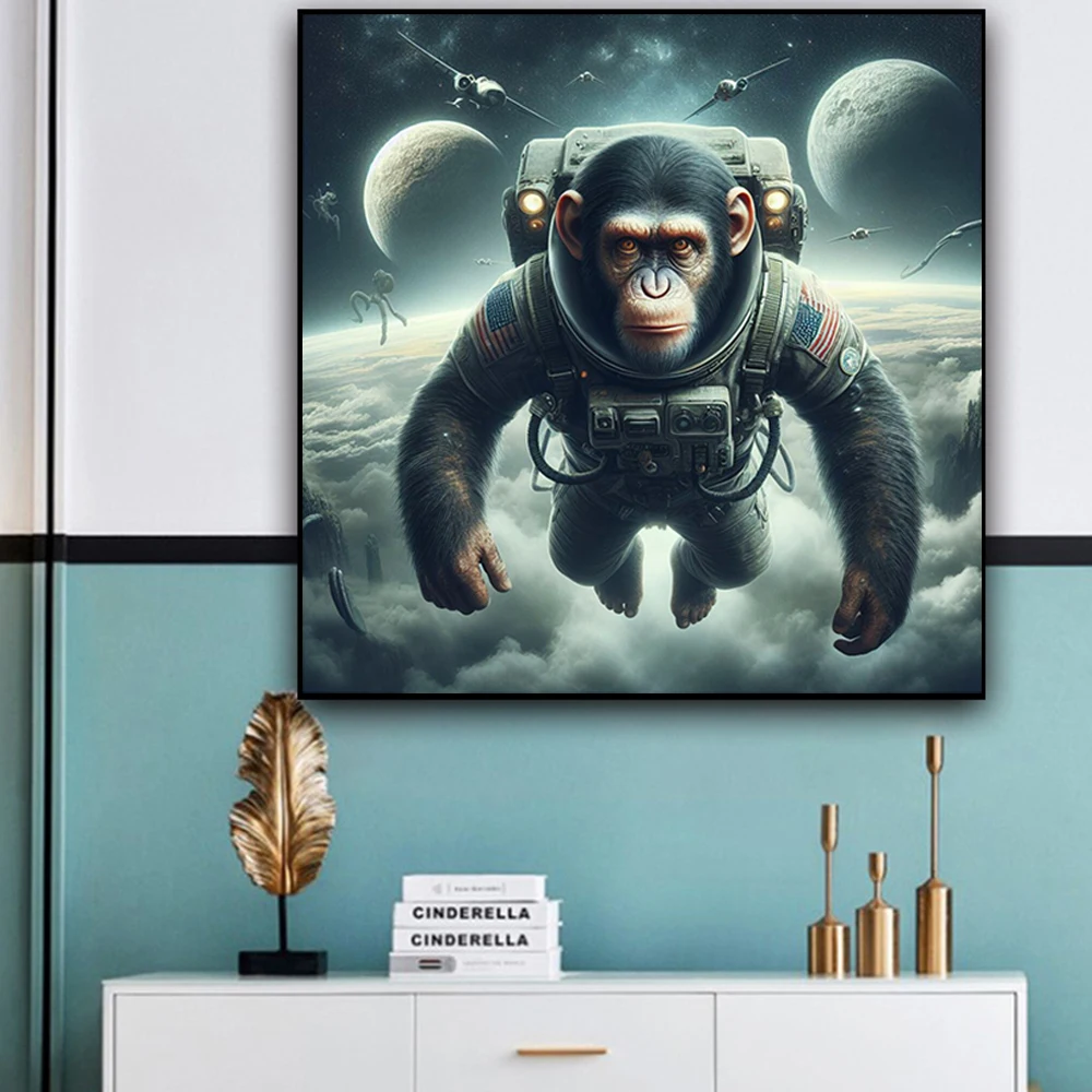 Funny Sci-Fi Space Moon Astronaut Chimpanzee Monkey Wall Art Canvas Paintings Art Posters Prints Living Room Home Decor Pictures