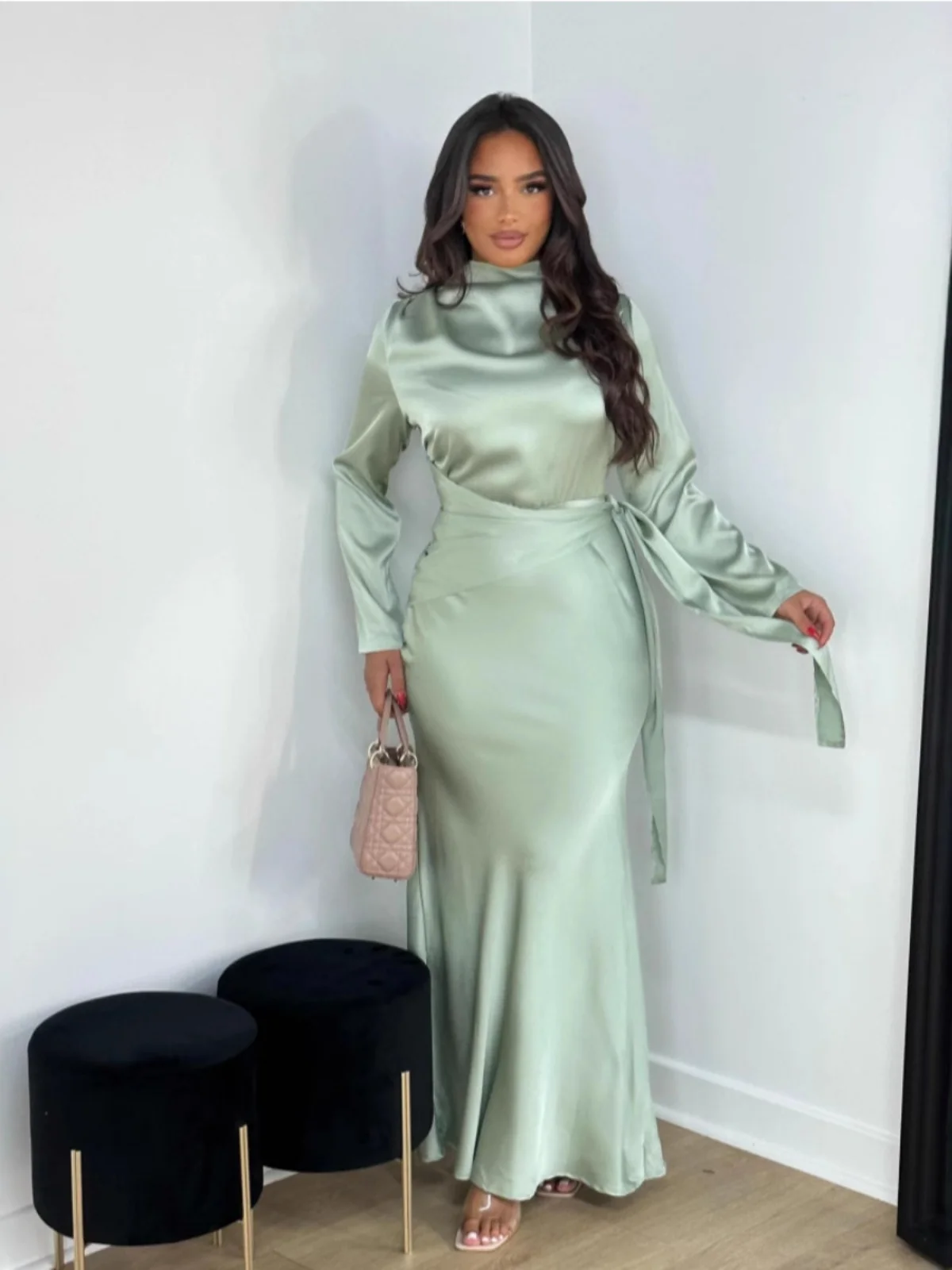 

Ele Middle Eastern Women's Satin Wrap Dr All Seasons Long Sve Stand Collar A-Line Skirt Gown for Independent Station