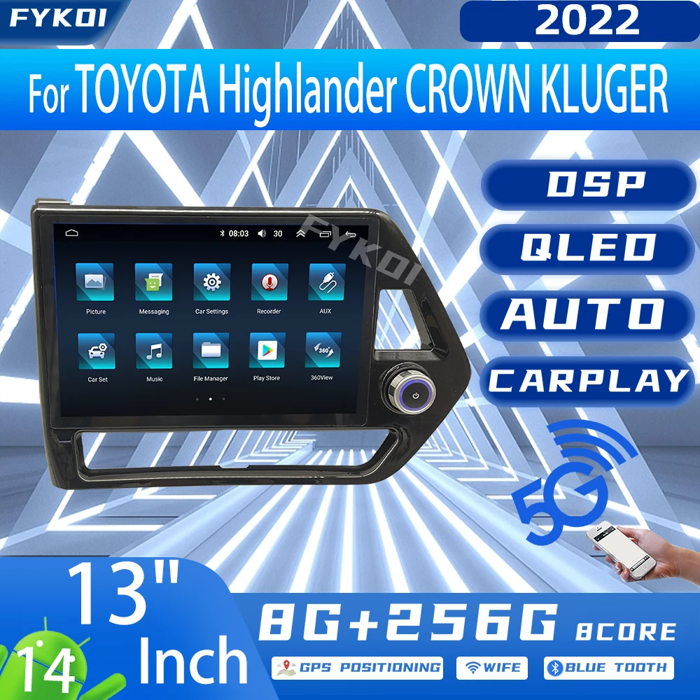 

1920*1200 QLED For TOYOTA Highlander CROWN KLUGER 2021 2022 Car Multimedia Player Android14 GPS Carplay AutoRadio BT 4G WIFI DSP