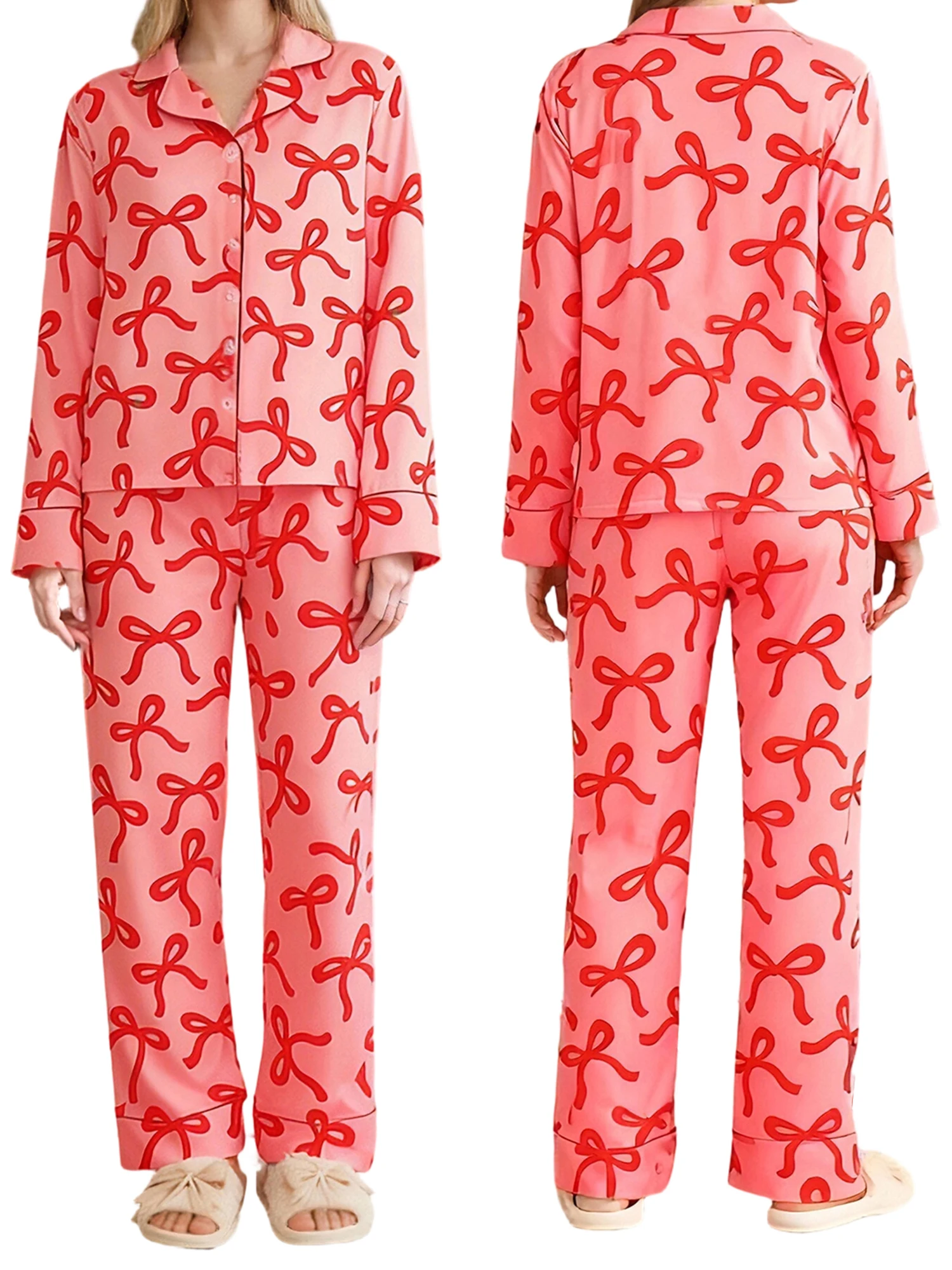 

Женский пижамный комплект из двух предметов: топ с длинными рукавами, V-образным вырезом, принтом в виде бантиков и застежкой на пуговицах, а также брюки на резинке.